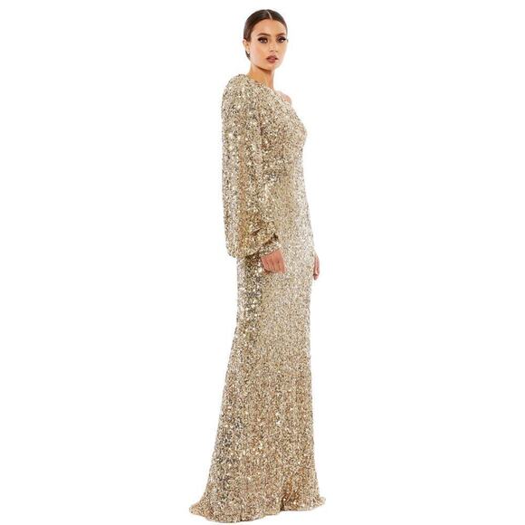 Mac Duggal 26717 Sequined One Shoulder Bishop Sleeve Trumpet Gown Gold SZ 8 NWT - Picture 2 of 12